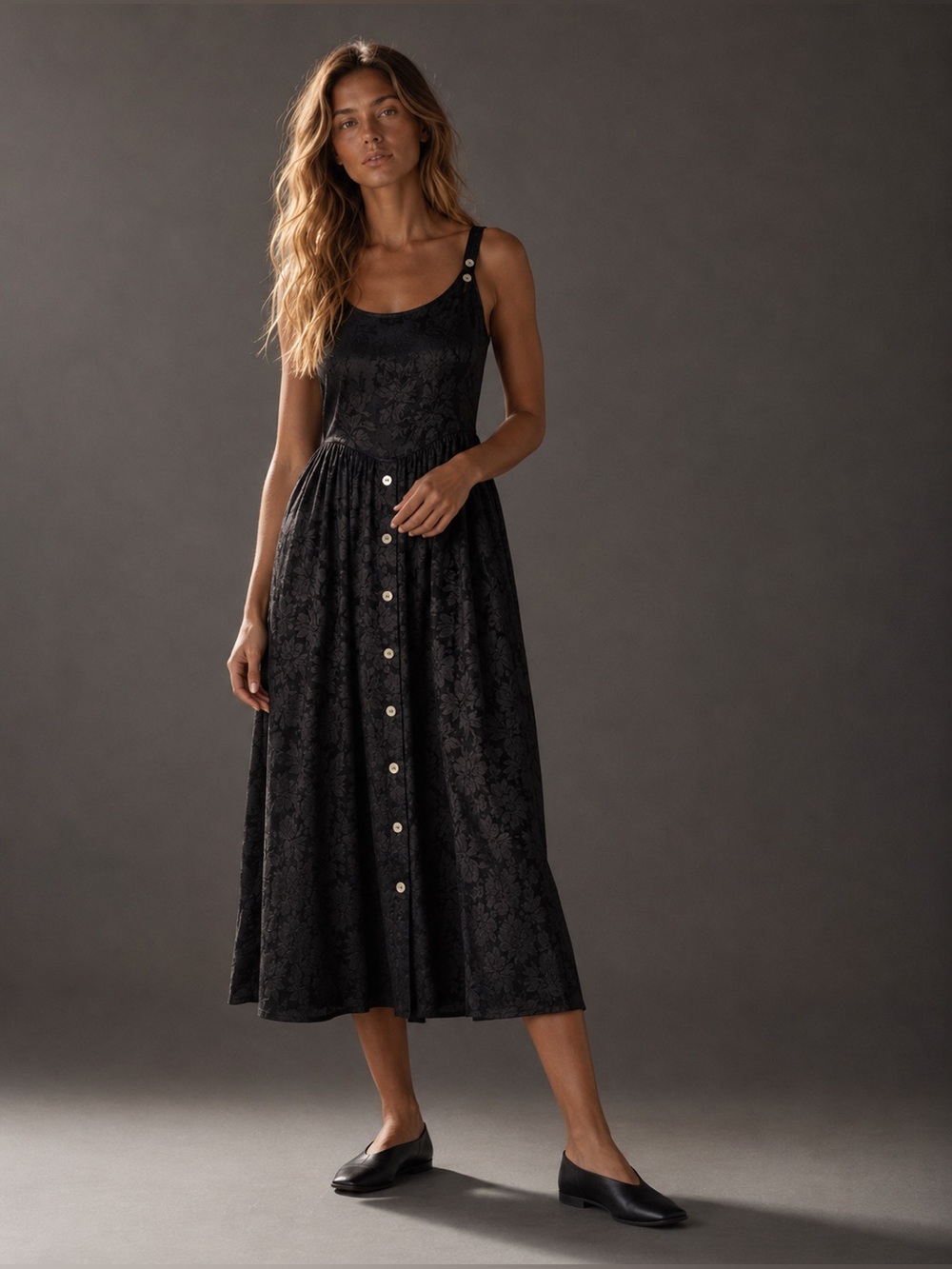 Moda International Black Tonal Jacquard Button Maxi Dress
